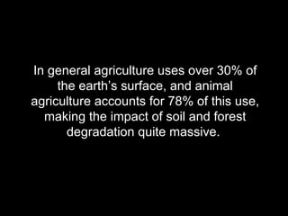 In general agriculture uses over 30% of the earth’s surface, and animal agriculture accounts for 78% of this use, making the impact of soil and forest degradation quite massive.  