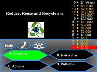 Reduce, Reuse and Recycle are:

50:50
A. Principles

C. Actions

15
14
13
12
11
10
9
8
7
6
5
4
3
2
1

B. instructions
D. Pollution

$1 Million
$500,000
$250,000
$125,000
$64,000
$32,000
$16,000
$8,000
$4,000
$2,000
$1,000
$500
$300
$200
$100

 