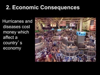 2. Economic Consequences 
Hurricanes and 
diseases cost 
money which 
affect a 
country’s 
economy 
 