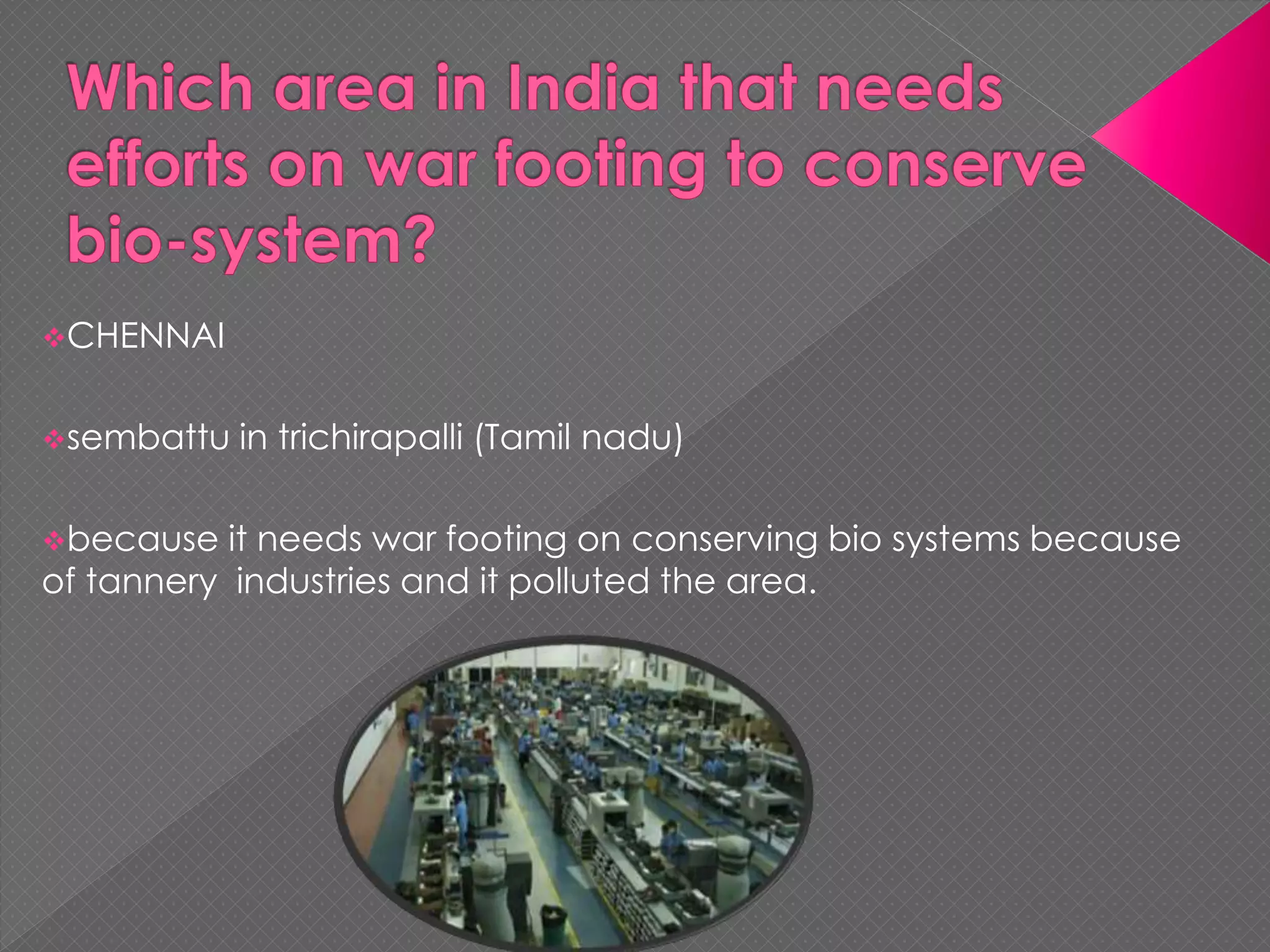 CHENNAI
sembattu in trichirapalli (Tamil nadu)
because it needs war footing on conserving bio systems because
of tannery industries and it polluted the area.
 