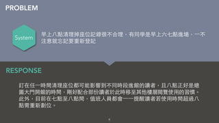 6
訂在任⼀一時間清理座位都可能影響到不同時段進館的讀者，且⼋八點正好是總
圖⼤大⾨門開館的時間，剛好配合部份讀者於此時移⾄至其他樓層閱覽使⽤用的習慣。
此外，⺫⽬目前在七點⾄至⼋八點間，值班⼈人員都會⼀一⼀一提醒讀者若使⽤用時間超過⼋八
點需重新劃位。
RESPONSE
PROBLEM
System
早上⼋八點清理掉座位記錄很不合理，有同學是早上六七點進場，⼀一不
注意就忘記要重新登記
 