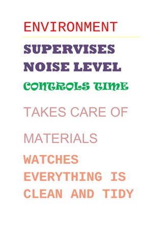 ENVIRONMENT
SUPERVISES
NOISE LEVEL
CONTROLS TIME
TAKES CARE OF
MATERIALS
WATCHES
EVERYTHING IS
CLEAN AND TIDY
 