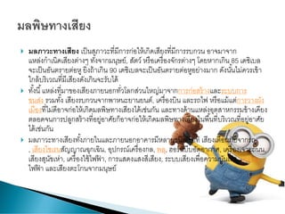  มลภาวะทางเสียง เป็นสภาวะที่มีการก่อให้เกิดเสียงที่มีการรบกวน อาจมาจาก
แหล่งกาเนิดเสียงต่างๆ ทั้งจากมนุษย์, สัตว์ หรือเครื่องจักรต่างๆ โดยหากเกิน 85 เดซิเบล
จะเป็นอันตรายต่อหู ยิ่งถ้าเกิน 90 เดซิเบลจะเป็นอันตรายต่อหูอย่างมาก ดังนั้นไม่ควรเข้า
ใกล้บริเวณที่มีเสียงดังเกินจะรับได้
 ทั้งนี้แหล่งที่มาของเสียงภายนอกทั่วโลกส่วนใหญ่มาจากการก่อสร้างและระบบการ
ขนส่ง รวมทั้ง เสียงรบกวนจากพาหนะยานยนต์, เครื่องบิน และรถไฟ หรือแม้แต่การวางผัง
เมืองที่ไม่ดีอาจก่อให้เกิดมลพิษทางเสียงได้เช่นกัน และทางด้านแหล่งอุตสาหกรรมข้างเคียง
ตลอดจนการปลูกสร้างที่อยู่อาศัยก็อาจก่อให้เกิดมลพิษทางเสียงในพื้นที่บริเวณที่อยู่อาศัย
ได้เช่นกัน
 มลภาวะทางเสียงทั้งภายในและภายนอกอาคารมีหลายชนิด อาทิ เสียงเตือนภัยจากรถ
, เสียงไซเรนสัญญาณฉุกเฉิน, อุปกรณ์เครื่องกล, พลุ, ฮอร์นบีบอัดอากาศ, เครื่องเจาะถนน,
เสียงสุนัขเห่า, เครื่องใช้ไฟฟ้ า, การแสดงแสงสีเสียง, ระบบเสียงเพื่อความบันเทิง, โทรโข่ง
ไฟฟ้ า และเสียงตะโกนจากมนุษย์
 