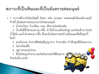  1. อากาศที่หายใจไม่บริสุทธิ์ มีเขม่า ควัน ปะปนมา ตลอดจนมีกลิ่นเหม็น และมี
ก๊าซที่ เป็นอันตรายต่อระบบหายใจของมนุษย์
2. น้าท่วมไร่นา บ้านเรือน ถนน เสียหายโดยฉับพลัน
3. น้าแข็งที่ขั้วโลกละลายมากขึ้น ทาให้น้าทะเลมีระดับสูง และไหลเข้ามาปนกับ
น้าจืดใน แม่น้าลาคลองมากขึ้น ซึ่งจะเป็นอันตรายต่อบ้านเรือนและพืชที่ปลูกไว้
ริมน้า
4. ฝนเป็นกรด ทาลายพืชพันธุ์ธัญญาหาร ทาลายดิน ทาให้ปลูกพืชไม่งอกงาม
5. โลกจะร้อนขึ้น
6. ฤดูกาลจะแปรปรวน
7. ชั้นโอโซนถูกทาลาย และไม่ช่วยกรองรังสีอันตราย ทาให้ตาเป็นต้อ และ
ผิวหนังเป็น มะเร็ง
 