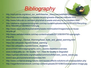 Bibliography
• http://wwf.panda.org/about_our_earth/teacher_resources/webfieldtrips/waste_disposal/
• http://www.eschooltoday.com/waste-recycling/waste-disposal-methods.html
• http://www.fullcycle.co.za/index.php/what-is-waste-and-why-is-it-a-problem.html
• http://alabama.mygreenbirmingham.com/wp-content/uploads/sites/3/2014/02/Recycling-
Bins-780x585-e1392060311253.jpg
• http://www.csuci.edu/fs/sustainability/waste-minimization/images/reduce-reuse-
recycle.gif
• http://www.wehatetowaste.com/wp-content/uploads/2013/06/WHTW-opengraph-
img.png
• www.nmsea.org/.../Global_Warming/fossil_fuels_and_global_warming.html
• https://en.wikipedia.org/wiki/Global_warming
• https://en.wikipedia.org/wiki/Ozone_depletion
• environment.nationalgeographic.com/.../ozone-depletion-overview
• www.bcairquality.ca › Air Quality 101 › How Air Quality is Degraded
• https://upload.wikimedia.org/wikipedia/commons/8/8a/Uars_ozone_waves.jpg
• www3.epa.gov/ozone/science/process.htm
• http://www.conserve-energy-future.com/causes-effects-solutions-of-overpopulation.php
• http://veganfeministnetwork.com/wp-content/uploads/2015/06/Overpopulation-Image.jpg
 