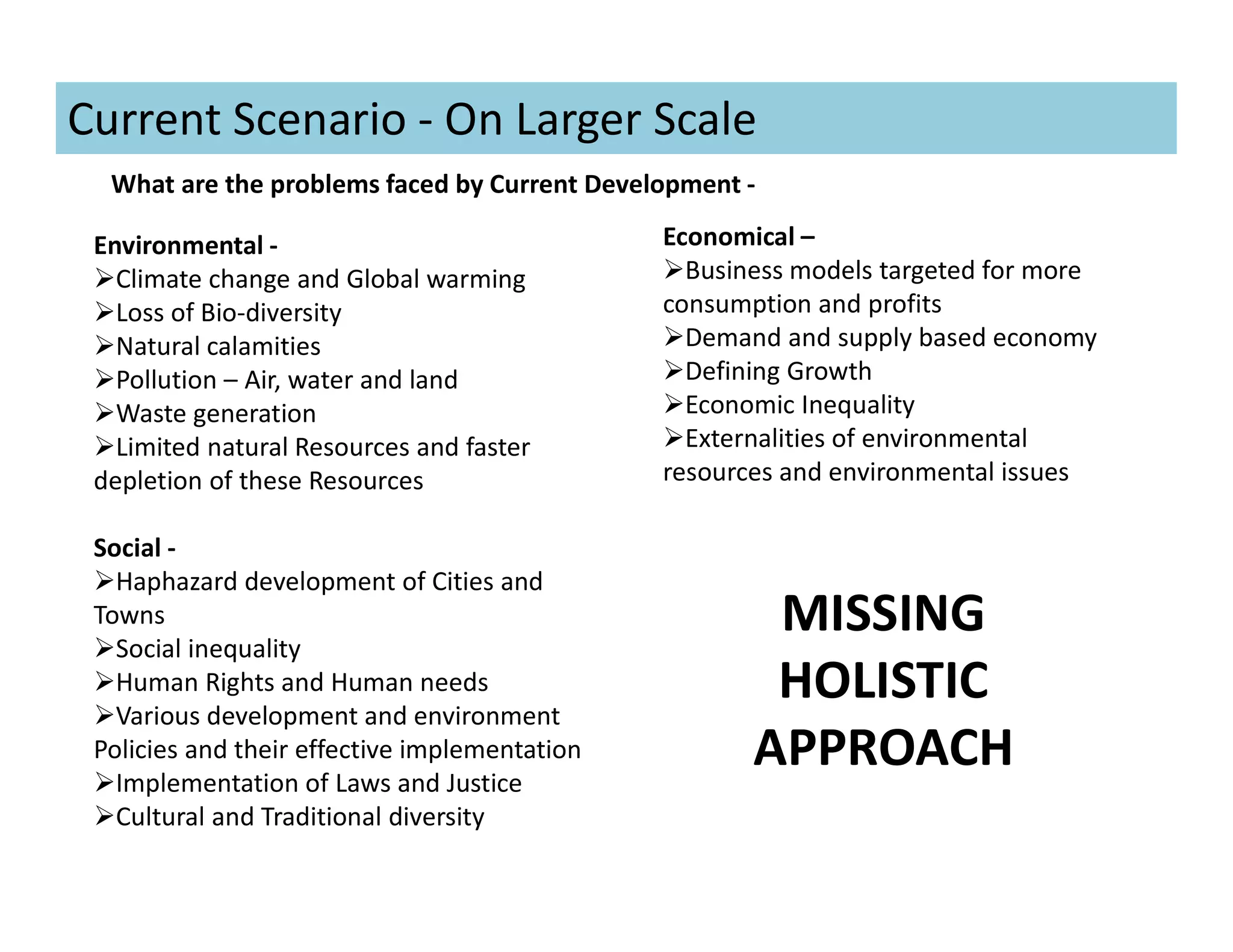 Current Scenario - On Larger Scale
Environmental -
Climate change and Global warming
Loss of Bio-diversity
Natural calamities
Pollution – Air, water and land
Waste generation
Limited natural Resources and faster
depletion of these Resources
Social -
Haphazard development of Cities and
Towns
Social inequality
Human Rights and Human needs
Various development and environment
Policies and their effective implementation
Implementation of Laws and Justice
Cultural and Traditional diversity
Economical –
Business models targeted for more
consumption and profits
Demand and supply based economy
Defining Growth
Economic Inequality
Externalities of environmental
resources and environmental issues
What are the problems faced by Current Development -
MISSING
HOLISTIC
APPROACH
 