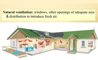 Natural ventilation: windows, other openings of adequate area
& distribution to introduce fresh air.
 