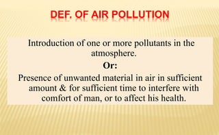 Introduction of one or more pollutants in the
atmosphere.
Or:
Presence of unwanted material in air in sufficient
amount & for sufficient time to interfere with
comfort of man, or to affect his health.
DEF. OF AIR POLLUTION
 