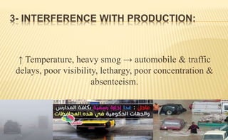 3- INTERFERENCE WITH PRODUCTION:
↑ Temperature, heavy smog → automobile & traffic
delays, poor visibility, lethargy, poor concentration &
absenteeism.
 
