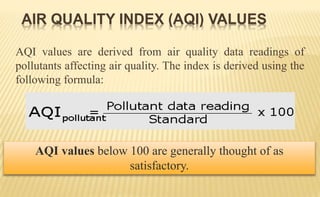 AQI values are derived from air quality data readings of
pollutants affecting air quality. The index is derived using the
following formula:
AIR QUALITY INDEX (AQI) VALUES
AQI values below 100 are generally thought of as
satisfactory.
 