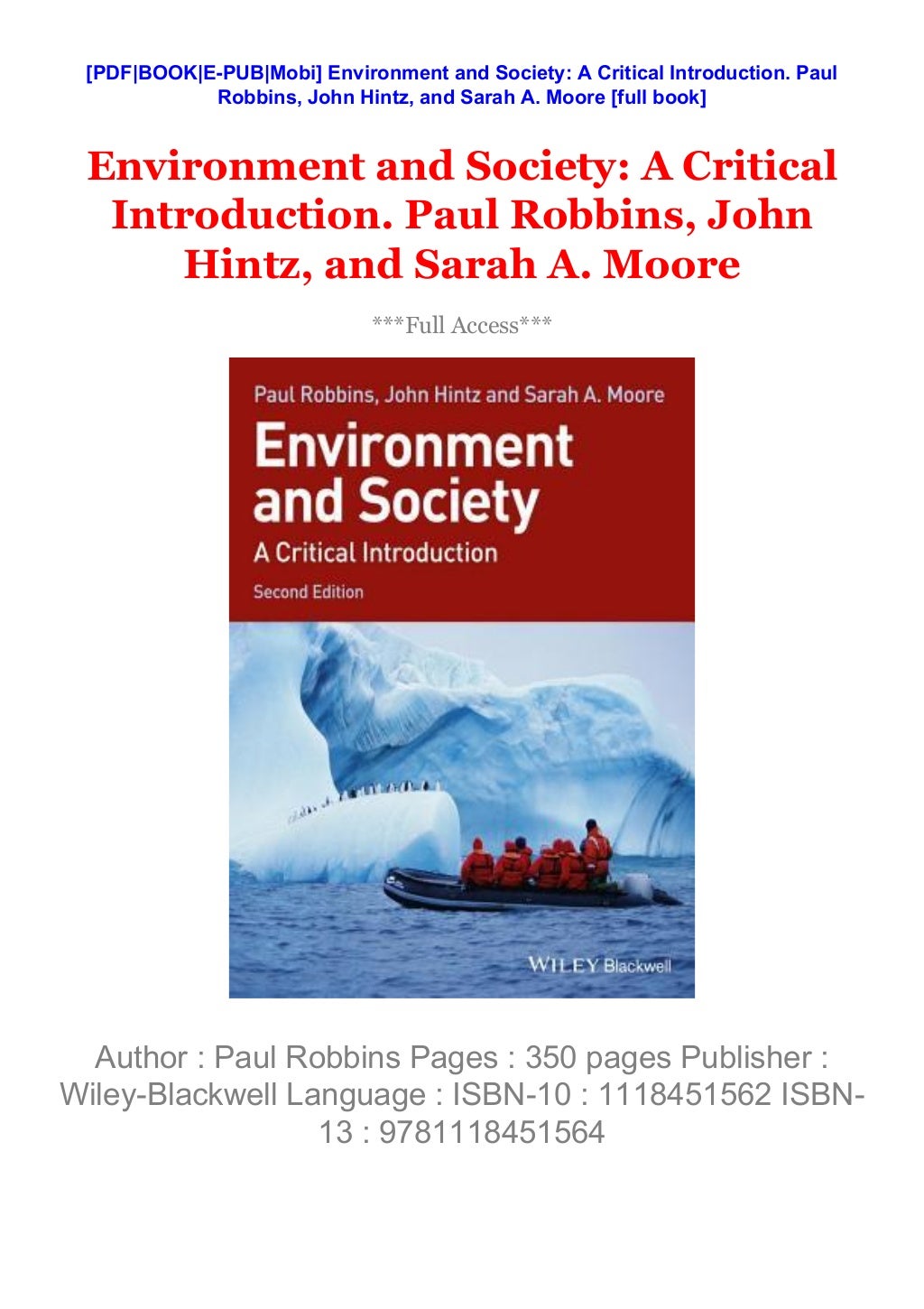 Environment and Society A Critical Introduction. Paul Robbins, John