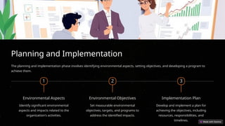 Planning and Implementation
The planning and implementation phase involves identifying environmental aspects, setting objectives, and developing a program to
achieve them.
1
Environmental Aspects
Identify significant environmental
aspects and impacts related to the
organization's activities.
2
Environmental Objectives
Set measurable environmental
objectives, targets, and programs to
address the identified impacts.
3
Implementation Plan
Develop and implement a plan for
achieving the objectives, including
resources, responsibilities, and
timelines.
 