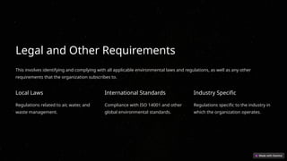 Legal and Other Requirements
This involves identifying and complying with all applicable environmental laws and regulations, as well as any other
requirements that the organization subscribes to.
Local Laws
Regulations related to air, water, and
waste management.
International Standards
Compliance with ISO 14001 and other
global environmental standards.
Industry Specific
Regulations specific to the industry in
which the organization operates.
 