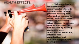 High noise levels
can contribute to
cardiovascular effects in
humans, a rise in blood
pressure, causing head-
ache, and an increase in
stress , and an increased
incidence of coronary
artery disease. In animals,
noise can increase the
risk of death by altering
predator or prey
detection and avoidance,
interfere with
reproduction, and
contribute to permanent
hearing loss.
 