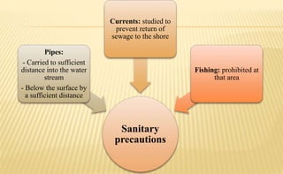 Sanitary
precautions
Pipes:
- Carried to sufficient
distance into the water
stream
- Below the surface by
a sufficient distance
Currents: studied to
prevent return of
sewage to the shore
Fishing: prohibited at
that area
 