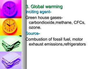 3. Global warming3. Global warming
Inciting agent-Inciting agent-
Green house gases-Green house gases-
carbondioxide,methane, CFCs,carbondioxide,methane, CFCs,
ozone.ozone.
Source-Source-
Combustion of fossil fuel, motorCombustion of fossil fuel, motor
exhaust emissions,refrigeratorsexhaust emissions,refrigerators
 