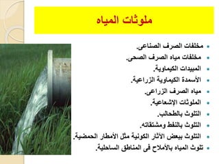 ‫الصناعى‬ ‫الصرف‬ ‫مخلفا‬.
‫الصحى‬ ‫الصرف‬ ‫مياه‬ ‫مخلفا‬.
‫الكيماوية‬ ‫المبيدا‬.
‫الزراعية‬ ‫الكيماوية‬ ‫األسمد‬.
‫الزراعى‬ ‫الصرف‬ ‫مياه‬.
‫اإلشعاعية‬ ‫الملوثا‬.
‫بالطحالب‬ ‫التلوث‬.
‫ومشتقاته‬ ‫بالنفط‬ ‫التلوث‬.
‫الحمض‬ ‫األمطار‬ ‫مثل‬ ‫الكونية‬ ‫اآلثار‬ ‫ببعض‬ ‫التلوث‬‫ية‬.
‫الساحلية‬ ‫المناطق‬ ‫فى‬ ‫باألملاح‬ ‫المياه‬ ‫تلوث‬.
‫المياه‬ ‫ملوثا‬
 