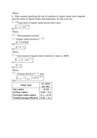 Where,
k = Rate constant signifying the rate of oxidation of organic matter and it depends
upon the nature of organic matter and temperature. Its unit is per day.
equivalent of organic matter present after t days.
(ii)
Where,
Deoxygenation constant.
Organic matter present at
(iii)
(iv)
Where,
Total amount of organic matter oxidized in t days i.e. BOD.
(v)
(vi)
Where,
Ultimate B.O.D of days.
(vii)
 