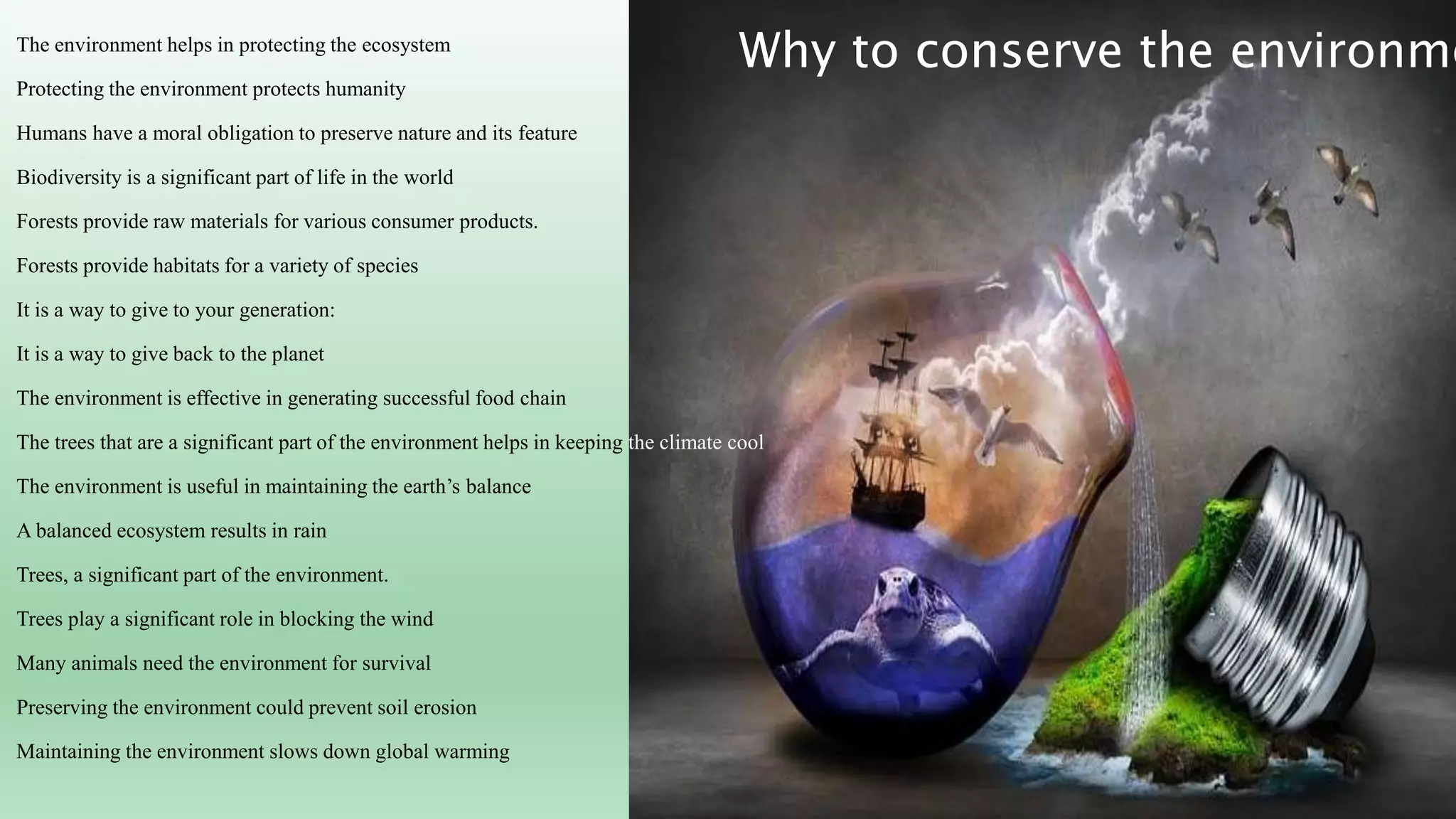 The environment helps in protecting the ecosystem
Protecting the environment protects humanity
Humans have a moral obligation to preserve nature and its feature
Biodiversity is a significant part of life in the world
Forests provide raw materials for various consumer products.
Forests provide habitats for a variety of species
It is a way to give to your generation:
It is a way to give back to the planet
The environment is effective in generating successful food chain
The trees that are a significant part of the environment helps in keeping the climate cool
The environment is useful in maintaining the earth’s balance
A balanced ecosystem results in rain
Trees, a significant part of the environment.
Trees play a significant role in blocking the wind
Many animals need the environment for survival
Preserving the environment could prevent soil erosion
Maintaining the environment slows down global warming
Why to conserve the environme
 