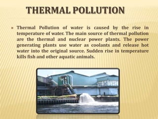 THERMAL POLLUTION
 Thermal Pollution of water is caused by the rise in
temperature of water. The main source of thermal pollution
are the thermal and nuclear power plants. The power
generating plants use water as coolants and release hot
water into the original source. Sudden rise in temperature
kills fish and other aquatic animals.
 