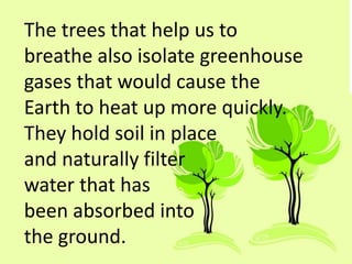 The trees that help us to
breathe also isolate greenhouse
gases that would cause the
Earth to heat up more quickly.
They hold soil in place
and naturally filter
water that has
been absorbed into
the ground.
 