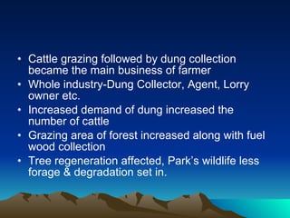 Cattle grazing followed by dung collection became the main business of farmer Whole industry-Dung Collector, Agent, Lorry owner etc. Increased demand of dung increased the number of cattle Grazing area of forest increased along with fuel wood collection Tree regeneration affected, Park’s wildlife less forage & degradation set in. 
