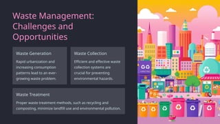 Waste Management:
Challenges and
Opportunities
Waste Generation
Rapid urbanization and
increasing consumption
patterns lead to an ever-
growing waste problem.
Waste Collection
Efficient and effective waste
collection systems are
crucial for preventing
environmental hazards.
Waste Treatment
Proper waste treatment methods, such as recycling and
composting, minimize landfill use and environmental pollution.
 