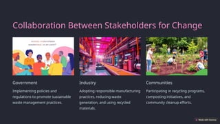 Collaboration Between Stakeholders for Change
Government
Implementing policies and
regulations to promote sustainable
waste management practices.
Industry
Adopting responsible manufacturing
practices, reducing waste
generation, and using recycled
materials.
Communities
Participating in recycling programs,
composting initiatives, and
community cleanup efforts.
 