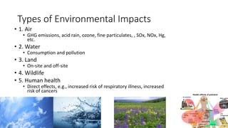Types of Environmental Impacts
• 1. Air
• GHG emissions, acid rain, ozone, fine particulates, , SOx, NOx, Hg,
etc.
• 2. Wa...