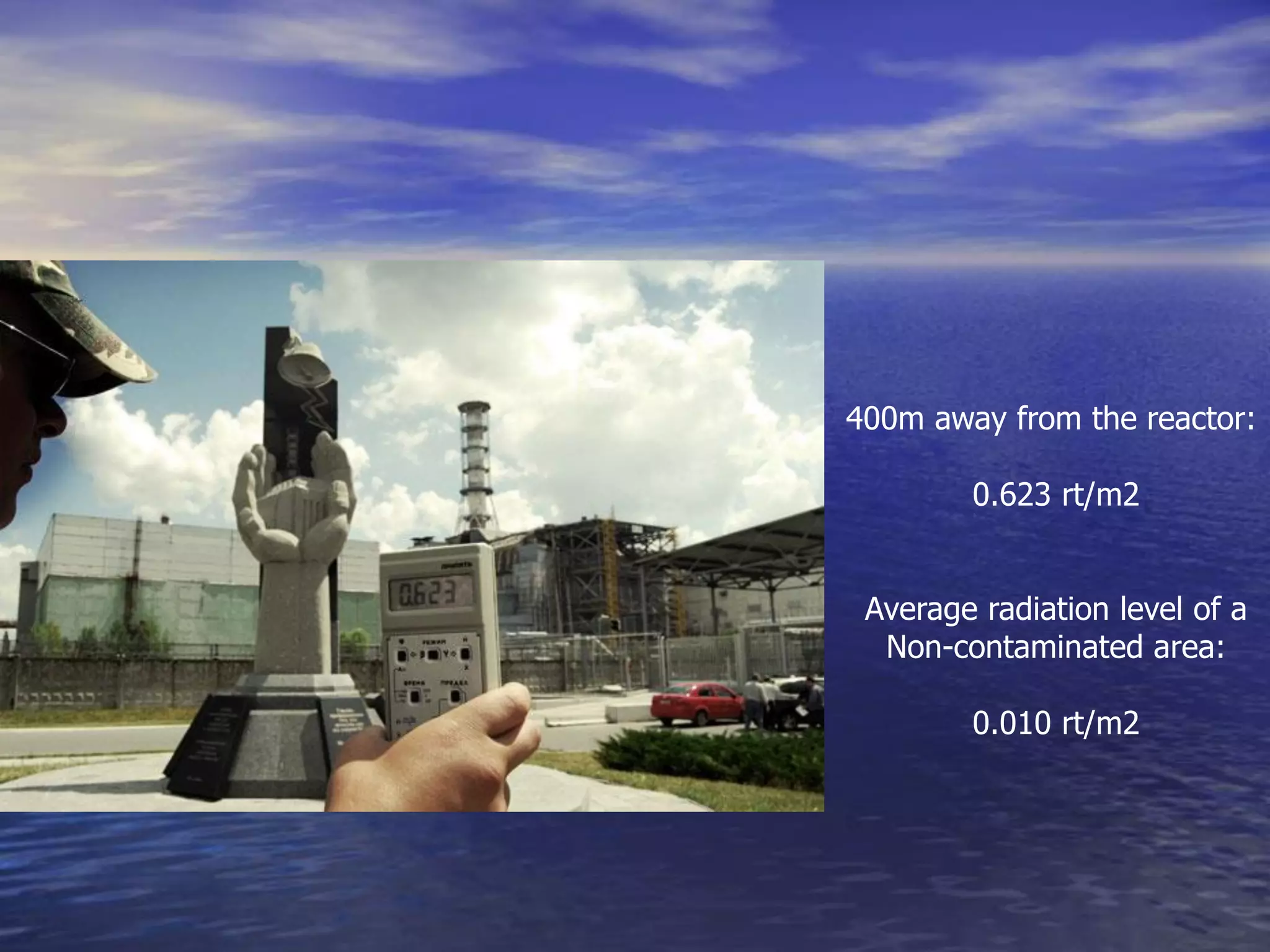 400m away from the reactor:
0.623 rt/m2
Average radiation level of a
Non-contaminated area:
0.010 rt/m2
 