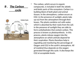 B . The Carbon
cycle
• The carbon, which occurs in organic
compounds, is included in both the abiotic
and biotic parts of the ecosystem. Carbon is a
building block of both plant and animal
tissues. In the atmosphere, carbon occurs as
CO2. In the presence of sunlight, plants take
up co2 from the atmosphere through their
leaves. The plants combine co2 with water,
which is absorbed by their roots from the soil.
In the presence of sunlight they are able to
form carbohydrates that contain carbon. This
process is known as photosynthesis. In this
process, plants release oxygen into the
atmosphere on which animals depend for
their respiration. Plants therefore help in
regulating and monitoring the percentage of
Oxygen and CO2 in the earth’s atmosphere. All
of mankind thus depends on the oxygen
generated through this cycle. It also keeps the
CO2 at acceptable levels.
 