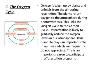 C. The Oxygen
Cycle
• Oxygen is taken up by plants and
animals from the air during
respiration. The plants return
oxygen to the atmosphere during
photosynthesis. This links the
Oxygen Cycle to the Carbon
Cycle. Deforestation is likely to
gradually reduce the oxygen
levels in our atmosphere. Thus
plant life plays an important role
in our lives which we frequently
do not appreciate. This is an
important reason to participate
in afforestation programs .
 