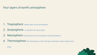 Four layers of earth’s atmosphere
1. Troposphere lowest layer of the atmosphere
2. Stratosphere it contains the ozone layer
3. Mesosphere lies between the thermosphere and stratosphere
4. Thermosphere the atmosphere so thin that gas molecules rarely contact each
other
 