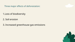 Three major effects of deforestation:
1.Loss of biodiversity
2. Soil erosion
3. Increased greenhouse gas emissions
 