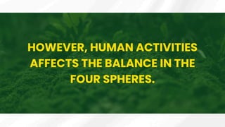 HOWEVER, HUMAN ACTIVITIES
AFFECTS THE BALANCE IN THE
FOUR SPHERES.
 