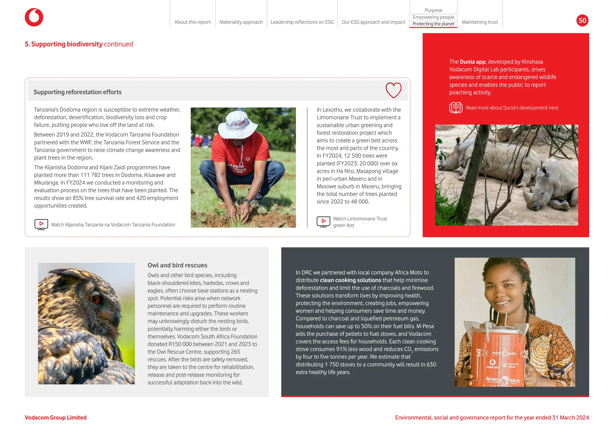 Tanzania’s Dodoma region is susceptible to extreme weather,
deforestation, desertification, biodiversity loss and crop
failure, putting people who live off the land at risk.
Between 2019 and 2022, the Vodacom Tanzania Foundation
partnered with the WWF, the Tanzania Forest Service and the
Tanzania government to raise climate change awareness and
plant trees in the region.
The Kijanisha Dodoma and Kijani Zaidi programmes have
planted more than 111 782 trees in Dodoma, Kisarawe and
Mkuranga. In FY2024 we conducted a monitoring and
evaluation process on the trees that have been planted. The
results show an 85% tree survival rate and 420 employment
opportunities created.
5. Supporting biodiversity continued
The Dunia app, developed by Kinshasa
Vodacom Digital Lab participants, drives
awareness of scarce and endangered wildlife
species and enables the public to report
poaching activity.
Read more about Dunia’s development here
In DRC we partnered with local company Africa Moto to
distribute clean cooking solutions that help minimise
deforestation and limit the use of charcoals and firewood.
These solutions transform lives by improving health,
protecting the environment, creating jobs, empowering
women and helping consumers save time and money.
Compared to charcoal and liquefied petroleum gas,
households can save up to 50% on their fuel bills. M-Pesa
aids the purchase of pellets to fuel stoves, and Vodacom
covers the access fees for households. Each clean cooking
stove consumes 91% less wood and reduces CO2
emissions
by four to five tonnes per year. We estimate that
distributing 1 750 stoves to a community will result in 630
extra healthy life years.
Watch Kijanisha Tanzania na Vodacom Tanzania Foundation
Supportingreforestationefforts
Owl and bird rescues
Owls and other bird species, including
black-shouldered kites, hadedas, crows and
eagles, often choose base stations as a nesting
spot. Potential risks arise when network
personnel are required to perform routine
maintenance and upgrades. These workers
may unknowingly disturb the nesting birds,
potentially harming either the birds or
themselves. Vodacom South Africa Foundation
donated R150 000 between 2021 and 2023 to
the Owl Rescue Centre, supporting 265
rescues. After the birds are safely removed,
they are taken to the centre for rehabilitation,
release and post-release monitoring for
successful adaptation back into the wild.
In Lesotho, we collaborate with the
Limomonane Trust to implement a
sustainable urban greening and
forest restoration project which
aims to create a green belt across
the most arid parts of the country.
In FY2024, 12 500 trees were
planted (FY2023: 20 000) over six
acres in Ha Ntsi, Masapong village
in peri-urban Maseru and in
Masowe suburb in Maseru, bringing
the total number of trees planted
since 2022 to 48 000.
Watch Limomonane Trust
green fest
Vodacom Group Limited Environmental, social and governance report for the year ended 31 March 2024
About this report Materiality approach Leadership reflections on ESG Our ESG approach and impact
Purpose
Maintaining trust
Empowering people
Protectingtheplanet 50
 