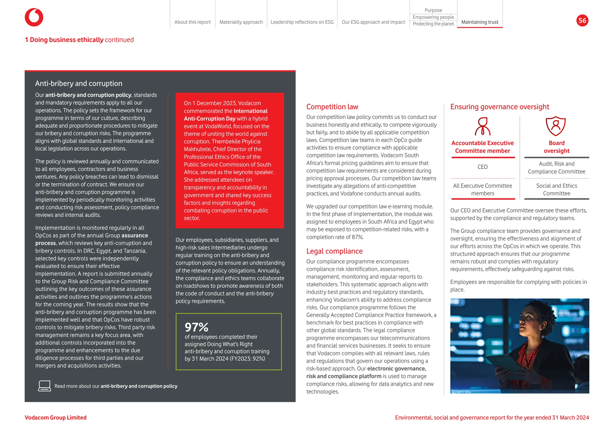 Competition law
Our competition law policy commits us to conduct our
business honestly and ethically, to compete vigorously
but fairly, and to abide by all applicable competition
laws. Competition law teams in each OpCo guide
activities to ensure compliance with applicable
competition law requirements. Vodacom South
Africa’s formal pricing guidelines aim to ensure that
competition law requirements are considered during
pricing approval processes. Our competition law teams
investigate any allegations of anti-competitive
practices, and Vodafone conducts annual audits.
We upgraded our competition law e-learning module.
In the first phase of implementation, the module was
assigned to employees in South Africa and Egypt who
may be exposed to competition-related risks, with a
completion rate of 87%.
Legal compliance
Our compliance programme encompasses
compliance risk identification, assessment,
management, monitoring and regular reports to
stakeholders. This systematic approach aligns with
industry best practices and regulatory standards,
enhancing Vodacom’s ability to address compliance
risks. Our compliance programme follows the
Generally Accepted Compliance Practice framework, a
benchmark for best practices in compliance with
other global standards. The legal compliance
programme encompasses our telecommunications
and financial services businesses. It seeks to ensure
that Vodacom complies with all relevant laws, rules
and regulations that govern our operations using a
risk-based approach. Our electronic governance,
risk and compliance platform is used to manage
compliance risks, allowing for data analytics and new
technologies.
Ensuring governance oversight
1 Doing business ethically continued
Anti-bribery and corruption
Our employees, subsidiaries, suppliers, and
high-risk sales intermediaries undergo
regular training on the anti-bribery and
corruption policy to ensure an understanding
of the relevant policy obligations. Annually,
the compliance and ethics teams collaborate
on roadshows to promote awareness of both
the code of conduct and the anti-bribery
policy requirements.
On 1 December 2023, Vodacom
commemorated the International
Anti-Corruption Day with a hybrid
event at VodaWorld, focused on the
theme of uniting the world against
corruption. Thembekile Phylicia
Makhubele, Chief Director of the
Professional Ethics Office of the
Public Service Commission of South
Africa, served as the keynote speaker.
She addressed attendees on
transparency and accountability in
government and shared key success
factors and insights regarding
combating corruption in the public
sector.
97%
of employees completed their
assigned Doing What’s Right
anti-bribery and corruption training
by 31 March 2024 (FY2023: 92%)
Read more about our anti-bribery and corruption policy
Our anti-bribery and corruption policy, standards
and mandatory requirements apply to all our
operations. The policy sets the framework for our
programme in terms of our culture, describing
adequate and proportionate procedures to mitigate
our bribery and corruption risks. The programme
aligns with global standards and international and
local legislation across our operations.
The policy is reviewed annually and communicated
to all employees, contractors and business
ventures. Any policy breaches can lead to dismissal
or the termination of contract. We ensure our
anti-bribery and corruption programme is
implemented by periodically monitoring activities
and conducting risk assessment, policy compliance
reviews and internal audits.
Implementation is monitored regularly in all
OpCos as part of the annual Group assurance
process, which reviews key anti-corruption and
bribery controls. In DRC, Egypt, and Tanzania,
selected key controls were independently
evaluated to ensure their effective
implementation. A report is submitted annually
to the Group Risk and Compliance Committee
outlining the key outcomes of these assurance
activities and outlines the programme’s actions
for the coming year. The results show that the
anti-bribery and corruption programme has been
implemented well and that OpCos have robust
controls to mitigate bribery risks. Third party risk
management remains a key focus area, with
additional controls incorporated into the
programme and enhancements to the due
diligence processes for third parties and our
mergers and acquisitions activities.
Our CEO and Executive Committee oversee these efforts,
supported by the compliance and regulatory teams.
The Group compliance team provides governance and
oversight, ensuring the effectiveness and alignment of
our efforts across the OpCos in which we operate. This
structured approach ensures that our programme
remains robust and complies with regulatory
requirements, effectively safeguarding against risks.
Employees are responsible for complying with policies in
place.
All Executive Committee
members
CEO
Social and Ethics
Committee
Audit, Risk and
Compliance Committee
Accountable Executive
Committee member
Board
oversight
Vodacom Group Limited Environmental, social and governance report for the year ended 31 March 2024
About this report Materiality approach Leadership reflections on ESG Our ESG approach and impact
Purpose
Maintaining trust
Empowering people
Protectingtheplanet 56
 