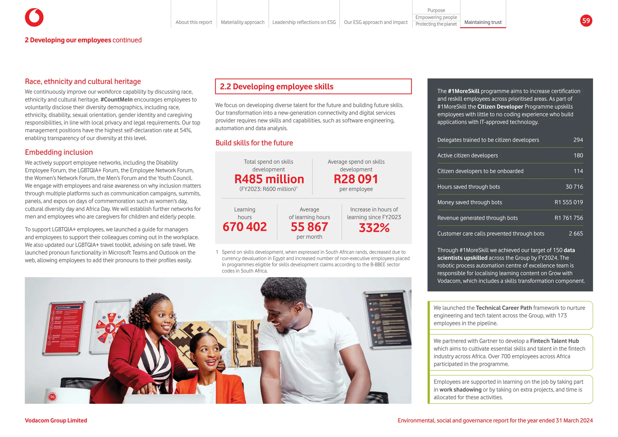 Race, ethnicity and cultural heritage
We continuously improve our workforce capability by discussing race,
ethnicity and cultural heritage. #CountMeIn encourages employees to
voluntarily disclose their diversity demographics, including race,
ethnicity, disability, sexual orientation, gender identity and caregiving
responsibilities, in line with local privacy and legal requirements. Our top
management positions have the highest self-declaration rate at 54%,
enabling transparency of our diversity at this level.
Embedding inclusion
We actively support employee networks, including the Disability
Employee Forum, the LGBTQIA+ Forum, the Employee Network Forum,
the Women’s Network Forum, the Men’s Forum and the Youth Council.
We engage with employees and raise awareness on why inclusion matters
through multiple platforms such as communication campaigns, summits,
panels, and expos on days of commemoration such as women’s day,
cultural diversity day and Africa Day. We will establish further networks for
men and employees who are caregivers for children and elderly people.
To support LGBTQIA+ employees, we launched a guide for managers
and employees to support their colleagues coming out in the workplace.
We also updated our LGBTQIA+ travel toolkit, advising on safe travel. We
launched pronoun functionality in Microsoft Teams and Outlook on the
web, allowing employees to add their pronouns to their profiles easily.
2.2 Developing employee skills
We focus on developing diverse talent for the future and building future skills.
Our transformation into a new-generation connectivity and digital services
provider requires new skills and capabilities, such as software engineering,
automation and data analysis.
2 Developing our employees continued
Build skills for the future
Increase in hours of
learning since FY2023
332%
Learning
hours
670 402
Average
of learning hours
55 867
per month
2 Developing our employees continued
We launched the Technical Career Path framework to nurture
engineering and tech talent across the Group, with 173
employees in the pipeline.
We partnered with Gartner to develop a Fintech Talent Hub
which aims to cultivate essential skills and talent in the fintech
industry across Africa. Over 700 employees across Africa
participated in the programme.
Employees are supported in learning on the job by taking part
in work shadowing or by taking on extra projects, and time is
allocated for these activities.
Delegates trained to be citizen developers 294
Active citizen developers 180
Citizen developers to be onboarded 114
Hours saved through bots 30 716
Money saved through bots R1 555 019
Revenue generated through bots R1 761 756
Customer care calls prevented through bots 2 665
The #1MoreSkill programme aims to increase certification
and reskill employees across prioritised areas. As part of
#1MoreSkill the Citizen Developer Programme upskills
employees with little to no coding experience who build
applications with IT-approved technology.
Through #1MoreSkill we achieved our target of 150 data
scientists upskilled across the Group by FY2024. The
robotic process automation centre of excellence team is
responsible for localising learning content on Grow with
Vodacom, which includes a skills transformation component.
1	
Spend on skills development, when expressed in South African rands, decreased due to
currency devaluation in Egypt and increased number of non-executive employees placed
in programmes eligible for skills development claims according to the B-BBEE sector
codes in South Africa.
Total spend on skills
development
R485 million
(FY2023: R600 million)1
Average spend on skills
development
R28 091
per employee
Vodacom Group Limited Environmental, social and governance report for the year ended 31 March 2024
About this report Materiality approach Leadership reflections on ESG Our ESG approach and impact
Purpose
Maintaining trust
Empowering people
Protectingtheplanet 59
 