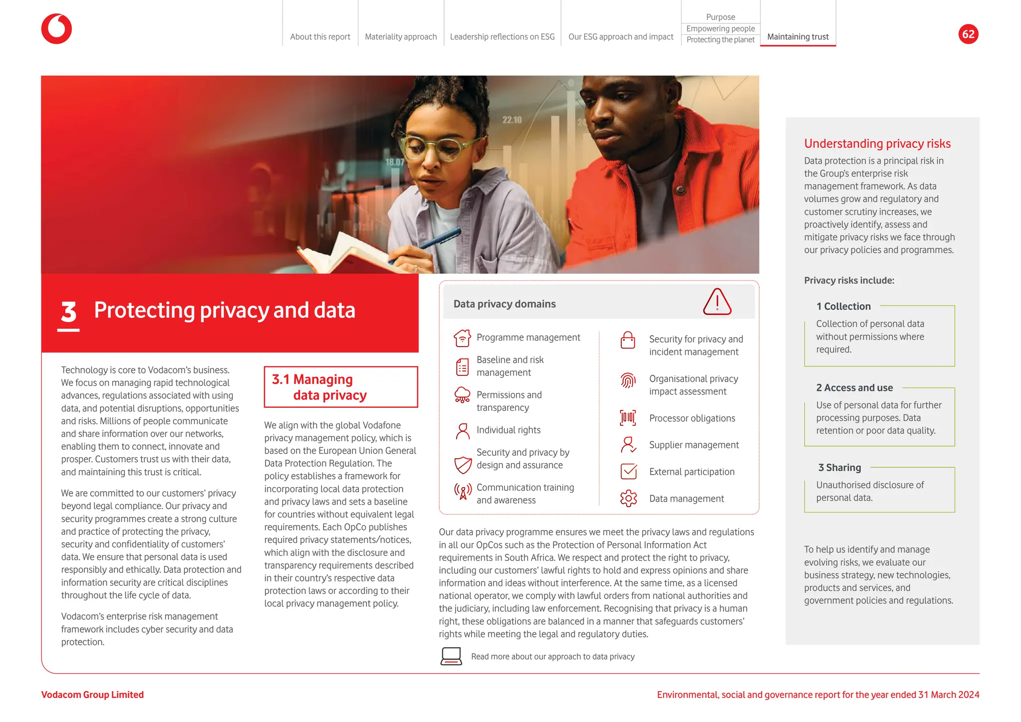 Technology is core to Vodacom’s business.
We focus on managing rapid technological
advances, regulations associated with using
data, and potential disruptions, opportunities
and risks. Millions of people communicate
and share information over our networks,
enabling them to connect, innovate and
prosper. Customers trust us with their data,
and maintaining this trust is critical.
We are committed to our customers’ privacy
beyond legal compliance. Our privacy and
security programmes create a strong culture
and practice of protecting the privacy,
security and confidentiality of customers’
data. We ensure that personal data is used
responsibly and ethically. Data protection and
information security are critical disciplines
throughout the life cycle of data.
Vodacom’s enterprise risk management
framework includes cyber security and data
protection.
3.1 Managing
data privacy
We align with the global Vodafone
privacy management policy, which is
based on the European Union General
Data Protection Regulation. The
policy establishes a framework for
incorporating local data protection
and privacy laws and sets a baseline
for countries without equivalent legal
requirements. Each OpCo publishes
required privacy statements/notices,
which align with the disclosure and
transparency requirements described
in their country’s respective data
protection laws or according to their
local privacy management policy.
3 Protecting privacy and data
Our data privacy programme ensures we meet the privacy laws and regulations
in all our OpCos such as the Protection of Personal Information Act
requirements in South Africa. We respect and protect the right to privacy,
including our customers’ lawful rights to hold and express opinions and share
information and ideas without interference. At the same time, as a licensed
national operator, we comply with lawful orders from national authorities and
the judiciary, including law enforcement. Recognising that privacy is a human
right, these obligations are balanced in a manner that safeguards customers’
rights while meeting the legal and regulatory duties.
Read more about our approach to data privacy
Data privacy domains
Programme management
Baseline and risk
management
Permissions and
transparency
Individual rights
Security and privacy by
design and assurance
Communication training
and awareness
Security for privacy and
incident management
Organisational privacy
impact assessment
Processor obligations
Supplier management
External participation
Data management
Understanding privacy risks
Data protection is a principal risk in
the Group’s enterprise risk
management framework. As data
volumes grow and regulatory and
customer scrutiny increases, we
proactively identify, assess and
mitigate privacy risks we face through
our privacy policies and programmes.
To help us identify and manage
evolving risks, we evaluate our
business strategy, new technologies,
products and services, and
government policies and regulations.
Privacy risks include:
Collection of personal data
without permissions where
required.
1 Collection
Use of personal data for further
processing purposes. Data
retention or poor data quality.
2 Access and use
Unauthorised disclosure of
personal data.
3 Sharing
Vodacom Group Limited Environmental, social and governance report for the year ended 31 March 2024
About this report Materiality approach Leadership reflections on ESG Our ESG approach and impact
Purpose
Maintaining trust
Empowering people
Protectingtheplanet 62
 