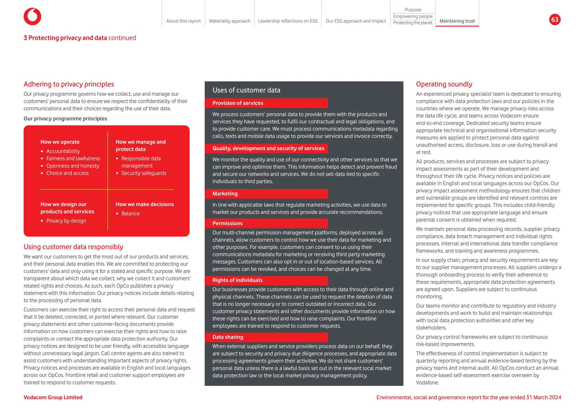 Uses of customer data
Operating soundly
An experienced privacy specialist team is dedicated to ensuring
compliance with data protection laws and our policies in the
countries where we operate. We manage privacy risks across
the data life cycle, and teams across Vodacom ensure
end-to-end coverage. Dedicated security teams ensure
appropriate technical and organisational information security
measures are applied to protect personal data against
unauthorised access, disclosure, loss or use during transit and
at rest.
All products, services and processes are subject to privacy
impact assessments as part of their development and
throughout their life cycle. Privacy notices and policies are
available in English and local languages across our OpCos. Our
privacy impact assessment methodology ensures that children
and vulnerable groups are identified and relevant controls are
implemented for specific groups. This includes child-friendly
privacy notices that use appropriate language and ensure
parental consent is obtained when required.
We maintain personal data processing records, supplier privacy
compliance, data breach management and individual rights
processes, internal and international data transfer compliance
frameworks, and training and awareness programmes.
In our supply chain, privacy and security requirements are key
to our supplier management processes. All suppliers undergo a
thorough onboarding process to verify their adherence to
these requirements, appropriate data protection agreements
are agreed upon. Suppliers are subject to continuous
monitoring.
Our teams monitor and contribute to regulatory and industry
developments and work to build and maintain relationships
with local data protection authorities and other key
stakeholders.
Our privacy control frameworks are subject to continuous
risk-based improvements.
The effectiveness of control implementation is subject to
quarterly reporting and annual evidence-based testing by the
privacy teams and internal audit. All OpCos conduct an annual
evidence-based self-assessment exercise overseen by
Vodafone.
3 Protecting privacy and data continued
Adhering to privacy principles
Our privacy programme governs how we collect, use and manage our
customers’ personal data to ensure we respect the confidentiality of their
communications and their choices regarding the use of their data.
Our privacy programme principles
Using customer data responsibly
We want our customers to get the most out of our products and services,
and their personal data enables this. We are committed to protecting our
customers’ data and only using it for a stated and specific purpose. We are
transparent about which data we collect, why we collect it and customers’
related rights and choices. As such, each OpCo publishes a privacy
statement with this information. Our privacy notices include details relating
to the processing of personal data.
Customers can exercise their right to access their personal data and request
that it be deleted, corrected, or ported where relevant. Our customer
privacy statements and other customer-facing documents provide
information on how customers can exercise their rights and how to raise
complaints or contact the appropriate data protection authority. Our
privacy notices are designed to be user friendly, with accessible language
without unnecessary legal jargon. Call centre agents are also trained to
assist customers with understanding important aspects of privacy rights.
Privacy notices and processes are available in English and local languages
across our OpCos. Frontline retail and customer support employees are
trained to respond to customer requests.
How we operate
y Accountability
y Fairness and lawfulness
y Openness and honesty
y Choice and access
How we manage and
protect data
y Responsible data
management
y Security safeguards
How we design our
products and services
y Privacy by design
How we make decisions
y Balance
Provision of services
We process customers’ personal data to provide them with the products and
services they have requested, to fulfil our contractual and legal obligations, and
to provide customer care. We must process communications metadata regarding
calls, texts and mobile data usage to provide our services and invoice correctly.
Quality, development and security of services
We monitor the quality and use of our connectivity and other services so that we
can improve and optimise them. This information helps detect and prevent fraud
and secure our networks and services. We do not sell data tied to specific
individuals to third parties.
Marketing
In line with applicable laws that regulate marketing activities, we use data to
market our products and services and provide accurate recommendations.
Permissions
Our multi-channel permission management platforms, deployed across all
channels, allow customers to control how we use their data for marketing and
other purposes. For example, customers can consent to us using their
communications metadata for marketing or receiving third party marketing
messages. Customers can also opt in or out of location-based services. All
permissions can be revoked, and choices can be changed at any time.
Rights of individuals
Our businesses provide customers with access to their data through online and
physical channels. These channels can be used to request the deletion of data
that is no longer necessary or to correct outdated or incorrect data. Our
customer privacy statements and other documents provide information on how
these rights can be exercised and how to raise complaints. Our frontline
employees are trained to respond to customer requests.
Data sharing
When external suppliers and service providers process data on our behalf, they
are subject to security and privacy due diligence processes, and appropriate data
processing agreements govern their activities. We do not share customers’
personal data unless there is a lawful basis set out in the relevant local market
data protection law or the local market privacy management policy.
Vodacom Group Limited Environmental, social and governance report for the year ended 31 March 2024
About this report Materiality approach Leadership reflections on ESG Our ESG approach and impact
Purpose
Maintaining trust
Empowering people
Protectingtheplanet 63
 