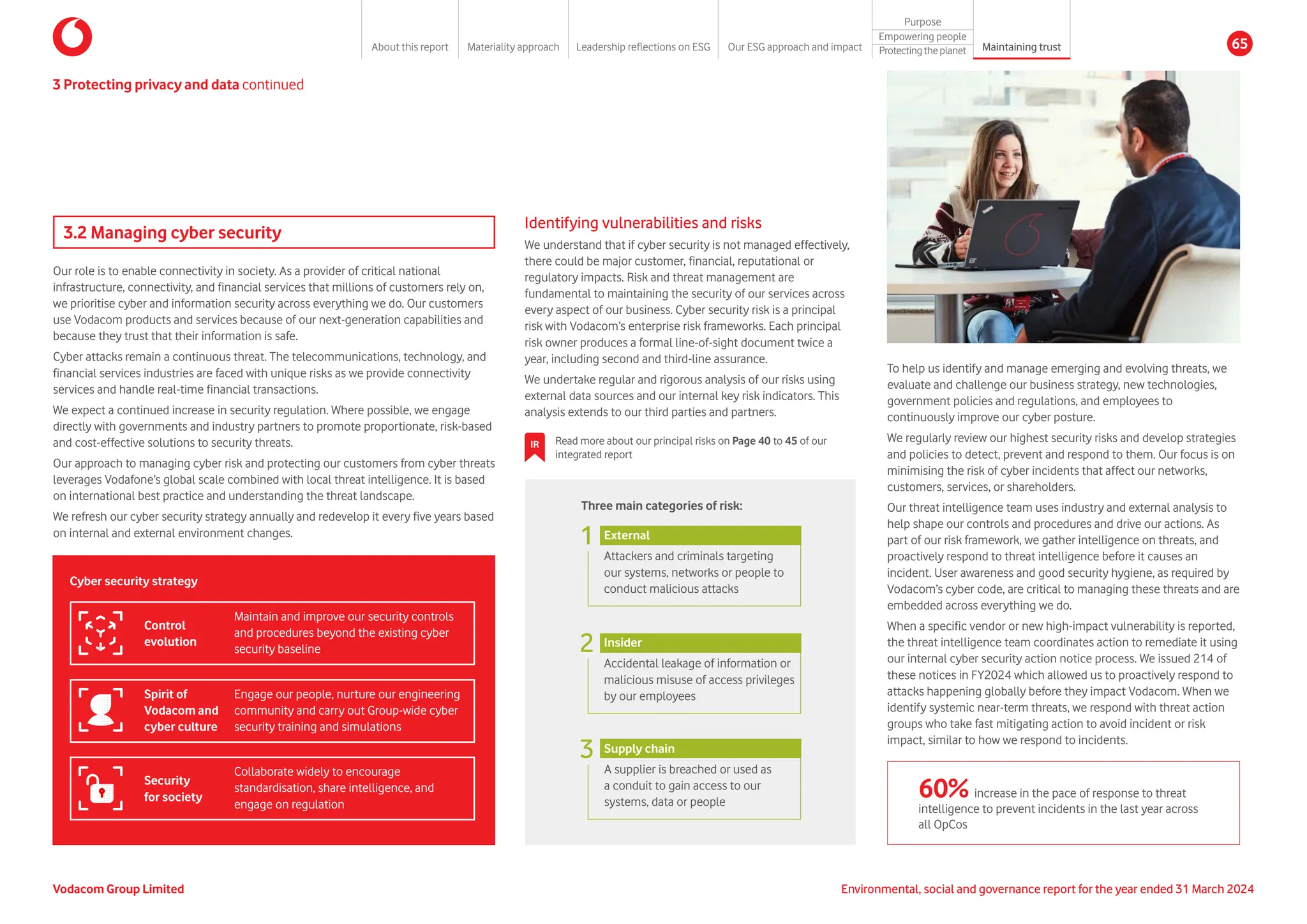 Our role is to enable connectivity in society. As a provider of critical national
infrastructure, connectivity, and financial services that millions of customers rely on,
we prioritise cyber and information security across everything we do. Our customers
use Vodacom products and services because of our next-generation capabilities and
because they trust that their information is safe.
Cyber attacks remain a continuous threat. The telecommunications, technology, and
financial services industries are faced with unique risks as we provide connectivity
services and handle real-time financial transactions.
We expect a continued increase in security regulation. Where possible, we engage
directly with governments and industry partners to promote proportionate, risk-based
and cost-effective solutions to security threats.
Our approach to managing cyber risk and protecting our customers from cyber threats
leverages Vodafone’s global scale combined with local threat intelligence. It is based
on international best practice and understanding the threat landscape.
We refresh our cyber security strategy annually and redevelop it every five years based
on internal and external environment changes.
3.2 Managing cyber security
3 Protecting privacy and data continued
Collaborate widely to encourage
standardisation, share intelligence, and
engage on regulation
Maintain and improve our security controls
and procedures beyond the existing cyber
security baseline
Cyber security strategy
Control
evolution
Engage our people, nurture our engineering
community and carry out Group-wide cyber
security training and simulations
Spirit of
Vodacom and
cyber culture
Security
for society
Identifying vulnerabilities and risks
We understand that if cyber security is not managed effectively,
there could be major customer, financial, reputational or
regulatory impacts. Risk and threat management are
fundamental to maintaining the security of our services across
every aspect of our business. Cyber security risk is a principal
risk with Vodacom’s enterprise risk frameworks. Each principal
risk owner produces a formal line-of-sight document twice a
year, including second and third-line assurance.
We undertake regular and rigorous analysis of our risks using
external data sources and our internal key risk indicators. This
analysis extends to our third parties and partners.
IR Read more about our principal risks on Page 40 to 45 of our
integrated report
To help us identify and manage emerging and evolving threats, we
evaluate and challenge our business strategy, new technologies,
government policies and regulations, and employees to
continuously improve our cyber posture.
We regularly review our highest security risks and develop strategies
and policies to detect, prevent and respond to them. Our focus is on
minimising the risk of cyber incidents that affect our networks,
customers, services, or shareholders.
Our threat intelligence team uses industry and external analysis to
help shape our controls and procedures and drive our actions. As
part of our risk framework, we gather intelligence on threats, and
proactively respond to threat intelligence before it causes an
incident. User awareness and good security hygiene, as required by
Vodacom’s cyber code, are critical to managing these threats and are
embedded across everything we do.
When a specific vendor or new high-impact vulnerability is reported,
the threat intelligence team coordinates action to remediate it using
our internal cyber security action notice process. We issued 214 of
these notices in FY2024 which allowed us to proactively respond to
attacks happening globally before they impact Vodacom. When we
identify systemic near-term threats, we respond with threat action
groups who take fast mitigating action to avoid incident or risk
impact, similar to how we respond to incidents.
60% increase in the pace of response to threat
intelligence to prevent incidents in the last year across
all OpCos
Three main categories of risk:
1 External
Attackers and criminals targeting
our systems, networks or people to
conduct malicious attacks
3 Supply chain
A supplier is breached or used as
a conduit to gain access to our
systems, data or people
2 Insider
Accidental leakage of information or
malicious misuse of access privileges
by our employees
Vodacom Group Limited Environmental, social and governance report for the year ended 31 March 2024
About this report Materiality approach Leadership reflections on ESG Our ESG approach and impact
Purpose
Maintaining trust
Empowering people
Protectingtheplanet 65
 