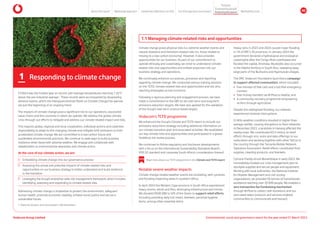 1. 
National Oceanic and Atmospheric Administration.
At the core of our climate action, we are:
Embedding climate change into our governance process
Assessing the actual and potential impacts of climate-related risks and
opportunities on our business strategy to better understand and build resilience
in the transition
Leveraging the Group’s enterprise-wide risk management framework, which includes
identifying, assessing and responding to climate-related risks.
FY2024 was the hottest year on record, with average temperatures reaching 1.35°C
above the pre-industrial average1
. These records were accompanied by devastating
extreme events, which the Intergovernmental Panel on Climate Change has warned
are just the beginning of an ongoing trend.
The impacts of climate change pose a significant risk to our operations, associated
value chains and the countries in which we operate. We address the global climate
crisis through our efforts to mitigate and address our climate-related impact and risks.
This requires global, regional and local cooperation, individual actions and collective
responsibility to adapt to the changing climate and mitigate GHG emissions to limit
accelerated climate change. We are committed to a low-carbon future and
sustainable environmental practices. We continue to seek ways to build business
resilience when faced with adverse weather. We engage and collaborate with
stakeholders on environmental awareness and climate action.
Addressing climate change is imperative to protect the environment, safeguard
human health, promote economic stability, achieve social justice and secure a
sustainable future.
Notable severe weather impacts
Climate change-related weather events are escalating, with cyclones
and flooding impacting areas in southern Africa.
In April 2024 the Western Cape province in South Africa experienced
heavy storms, winds and fires, destroying infrastructure and homes.
We donated R500 000 to Gift of the Givers to support relief efforts
including providing daily hot meals, blankets, personal hygiene
items, among other essential items.
1.1 Managing climate-related risks and opportunities
1 Responding to climate change
TCFD Read more about our TCFD programme in the Climate and TCFD report
Climate change poses physical risks (i.e. extreme weather events and
natural disasters) and transition-related risks (i.e. those related to
moving to a low-carbon economy). However, it also provides
opportunities for our business. As part of our commitment to
operate ethically and sustainably, we strive to understand climate-
related risks and opportunities and embed responses into our
business strategy and operations.
We continually enhance our policies, processes and reporting
regarding climate change. We conducted various training sessions
on the TCFD, climate-related risks and opportunities and net zero,
reaching employees across functions.
Following a rigorous planning and engagement process, we have
made a commitment to the SBTi to set near-term and long-term
emissions reduction targets. We have also applied for the validation
of the Group’s near-term science-based targets.
Vodacom’s TCFD programme
We enhanced the Group’s Climate and TCFD report to include our
emissions reductions strategy including additional information on
our climate transition plan and associated activities. We revalidated
our key climate risks and opportunities and participated in a global
Vodafone risk review process.
We continued to follow regulatory and disclosure developments
with a focus on the International Sustainability Standards Board’s
IFRS S2 standard and corporate South Africa’s consideration thereof.
Heavy rains in 2023 and 2024 caused major flooding
in 18 of DRC’s 26 provinces. In January 2024 the
government declared a hydrological and ecological
catastrophe after the Congo River overflowed and
flooded the capital, Kinshasa. Mudslides also occurred
in the Kalehe territory in South Kivu, sweeping away
large parts of the Bushushu and Nyamukubi villages.
The DRC Vodacom Foundation launched a campaign
to support affected communities, which included:
y Five minutes of free calls and a toll-free emergency
number;
y Free money transfers via M-Pesa to Kalehe; and
y A community recovery programme empowering
victims through agriculture.
Despite the widespread flooding, our network
experienced minimal interruptions.
El Niño weather conditions resulted in higher-than-
average rainfall, causing disruptions to fibre networks.
In December 2023, a landslide in Hanang affected the
nearby town. We contributed R3.4 million to relief
efforts through sms, voice and data offerings to our
subscribers and working together with other TelCos in
the country through the Tanzania Mobile Network
Operators Association. Relief efforts constituted food
supplies, cleaning products, and blankets.
Cyclone Freddy struck Mozambique in early 2023. We
immediately invoked our crisis management plan to
stockpile supplies and secure people and equipment.
Working with local authorities, the National Institute
for Disaster Management and civil society
organisations, we provided 50 tonnes of humanitarian
assistance reaching over 20 000 people. We enabled a
zero transaction fee fundraising mechanism
through M-Pesa to collect cash donations, and our
zero-rated select products and services enabled
communities to communicate and transact.
Vodacom Group Limited Environmental, social and governance report for the year ended 31 March 2024
About this report Materiality approach Leadership reflections on ESG Our ESG approach and impact
Purpose
Maintaining trust
Empowering people
Protectingtheplanet 40
 