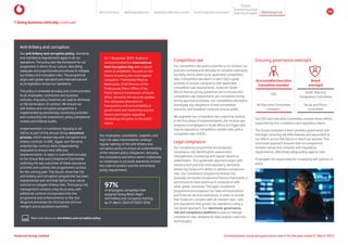 Competition law
Our competition law policy commits us to conduct our
business honestly and ethically, to compete vigorously
but fairly, and to abide by all applicable competition
laws. Competition law teams in each OpCo guide
activities to ensure compliance with applicable
competition law requirements. Vodacom South
Africa’s formal pricing guidelines aim to ensure that
competition law requirements are considered during
pricing approval processes. Our competition law teams
investigate any allegations of anti-competitive
practices, and Vodafone conducts annual audits.
We upgraded our competition law e-learning module.
In the first phase of implementation, the module was
assigned to employees in South Africa and Egypt who
may be exposed to competition-related risks, with a
completion rate of 87%.
Legal compliance
Our compliance programme encompasses
compliance risk identification, assessment,
management, monitoring and regular reports to
stakeholders. This systematic approach aligns with
industry best practices and regulatory standards,
enhancing Vodacom’s ability to address compliance
risks. Our compliance programme follows the
Generally Accepted Compliance Practice framework, a
benchmark for best practices in compliance with
other global standards. The legal compliance
programme encompasses our telecommunications
and financial services businesses. It seeks to ensure
that Vodacom complies with all relevant laws, rules
and regulations that govern our operations using a
risk-based approach. Our electronic governance,
risk and compliance platform is used to manage
compliance risks, allowing for data analytics and new
technologies.
Ensuring governance oversight
1 Doing business ethically continued
Anti-bribery and corruption
Our employees, subsidiaries, suppliers, and
high-risk sales intermediaries undergo
regular training on the anti-bribery and
corruption policy to ensure an understanding
of the relevant policy obligations. Annually,
the compliance and ethics teams collaborate
on roadshows to promote awareness of both
the code of conduct and the anti-bribery
policy requirements.
On 1 December 2023, Vodacom
commemorated the International
Anti-Corruption Day with a hybrid
event at VodaWorld, focused on the
theme of uniting the world against
corruption. Thembekile Phylicia
Makhubele, Chief Director of the
Professional Ethics Office of the
Public Service Commission of South
Africa, served as the keynote speaker.
She addressed attendees on
transparency and accountability in
government and shared key success
factors and insights regarding
combating corruption in the public
sector.
97%
of employees completed their
assigned Doing What’s Right
anti-bribery and corruption training
by 31 March 2024 (FY2023: 92%)
Read more about our anti-bribery and corruption policy
Our anti-bribery and corruption policy, standards
and mandatory requirements apply to all our
operations. The policy sets the framework for our
programme in terms of our culture, describing
adequate and proportionate procedures to mitigate
our bribery and corruption risks. The programme
aligns with global standards and international and
local legislation across our operations.
The policy is reviewed annually and communicated
to all employees, contractors and business
ventures. Any policy breaches can lead to dismissal
or the termination of contract. We ensure our
anti-bribery and corruption programme is
implemented by periodically monitoring activities
and conducting risk assessment, policy compliance
reviews and internal audits.
Implementation is monitored regularly in all
OpCos as part of the annual Group assurance
process, which reviews key anti-corruption and
bribery controls. In DRC, Egypt, and Tanzania,
selected key controls were independently
evaluated to ensure their effective
implementation. A report is submitted annually
to the Group Risk and Compliance Committee
outlining the key outcomes of these assurance
activities and outlines the programme’s actions
for the coming year. The results show that the
anti-bribery and corruption programme has been
implemented well and that OpCos have robust
controls to mitigate bribery risks. Third party risk
management remains a key focus area, with
additional controls incorporated into the
programme and enhancements to the due
diligence processes for third parties and our
mergers and acquisitions activities.
Our CEO and Executive Committee oversee these efforts,
supported by the compliance and regulatory teams.
The Group compliance team provides governance and
oversight, ensuring the effectiveness and alignment of
our efforts across the OpCos in which we operate. This
structured approach ensures that our programme
remains robust and complies with regulatory
requirements, effectively safeguarding against risks.
Employees are responsible for complying with policies in
place.
All Executive Committee
members
CEO
Social and Ethics
Committee
Audit, Risk and
Compliance Committee
Accountable Executive
Committee member
Board
oversight
Vodacom Group Limited Environmental, social and governance report for the year ended 31 March 2024
About this report Materiality approach Leadership reflections on ESG Our ESG approach and impact
Purpose
Maintaining trust
Empowering people
Protectingtheplanet 56
 