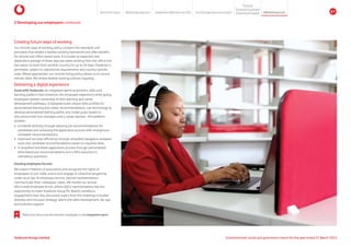 Creating future ways of working
Our remote ways of working policy contains the standards and
principles that enable a flexible working framework and offer benefits
for remote and office-based work. It includes an expected role-
dependent average of three days per week working from the office and
the option to work from another country for up to 20 days. Flexitime is
permitted, subject to operational requirements and country-specific
rules. Where appropriate, our remote-hiring policy allows us to source
remote skills. We review flexible working policies regularly.
Delivering a digital experience
Grow with Vodacom, an integrated talent acquisition, skills and
learning platform that enhances the employee experience while giving
employees greater ownership of their learning and career
development pathways. Employees build unique skills profiles for
personalised learning and career recommendations, use technology to
develop personalised learning paths, and create goals based on
discussions with line managers and a career planner. The platform
enables:
y Increased diversity through tailoring job recommendations for
candidates and unbiasing the application process with anonymous
candidate recommendations;
y Improved recruiter efficiency through simplified navigation between
tools and candidate recommendations based on required skills.
y A simplified and faster application process through personalised
skills-based job recommendations and a 90% reduction in
mandatory questions.
Hosting employee forums
We respect freedom of association and recognise the rights of
employees to join trade unions and engage in collective bargaining
under local law. At employee forums, elected representatives
communicate their colleagues’ views. We hosted our annual
Africa-wide employee forum, where OpCo representatives had the
opportunity to meet Vodafone Group Plc Board’s workforce
engagement lead. Key discussion topics from the meetings included
diversity and inclusion strategy, talent and skills development, fair pay
and business support.
2 Developing our employees continued
IR Read more about how we empower employees in the integrated report
Vodacom Group Limited Environmental, social and governance report for the year ended 31 March 2024
About this report Materiality approach Leadership reflections on ESG Our ESG approach and impact
Purpose
Maintaining trust
Empowering people
Protectingtheplanet 61
 