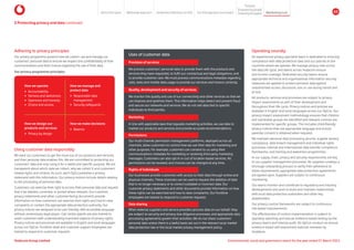 Uses of customer data
Operating soundly
An experienced privacy specialist team is dedicated to ensuring
compliance with data protection laws and our policies in the
countries where we operate. We manage privacy risks across
the data life cycle, and teams across Vodacom ensure
end-to-end coverage. Dedicated security teams ensure
appropriate technical and organisational information security
measures are applied to protect personal data against
unauthorised access, disclosure, loss or use during transit and
at rest.
All products, services and processes are subject to privacy
impact assessments as part of their development and
throughout their life cycle. Privacy notices and policies are
available in English and local languages across our OpCos. Our
privacy impact assessment methodology ensures that children
and vulnerable groups are identified and relevant controls are
implemented for specific groups. This includes child-friendly
privacy notices that use appropriate language and ensure
parental consent is obtained when required.
We maintain personal data processing records, supplier privacy
compliance, data breach management and individual rights
processes, internal and international data transfer compliance
frameworks, and training and awareness programmes.
In our supply chain, privacy and security requirements are key
to our supplier management processes. All suppliers undergo a
thorough onboarding process to verify their adherence to
these requirements, appropriate data protection agreements
are agreed upon. Suppliers are subject to continuous
monitoring.
Our teams monitor and contribute to regulatory and industry
developments and work to build and maintain relationships
with local data protection authorities and other key
stakeholders.
Our privacy control frameworks are subject to continuous
risk-based improvements.
The effectiveness of control implementation is subject to
quarterly reporting and annual evidence-based testing by the
privacy teams and internal audit. All OpCos conduct an annual
evidence-based self-assessment exercise overseen by
Vodafone.
3 Protecting privacy and data continued
Adhering to privacy principles
Our privacy programme governs how we collect, use and manage our
customers’ personal data to ensure we respect the confidentiality of their
communications and their choices regarding the use of their data.
Our privacy programme principles
Using customer data responsibly
We want our customers to get the most out of our products and services,
and their personal data enables this. We are committed to protecting our
customers’ data and only using it for a stated and specific purpose. We are
transparent about which data we collect, why we collect it and customers’
related rights and choices. As such, each OpCo publishes a privacy
statement with this information. Our privacy notices include details relating
to the processing of personal data.
Customers can exercise their right to access their personal data and request
that it be deleted, corrected, or ported where relevant. Our customer
privacy statements and other customer-facing documents provide
information on how customers can exercise their rights and how to raise
complaints or contact the appropriate data protection authority. Our
privacy notices are designed to be user friendly, with accessible language
without unnecessary legal jargon. Call centre agents are also trained to
assist customers with understanding important aspects of privacy rights.
Privacy notices and processes are available in English and local languages
across our OpCos. Frontline retail and customer support employees are
trained to respond to customer requests.
How we operate
y Accountability
y Fairness and lawfulness
y Openness and honesty
y Choice and access
How we manage and
protect data
y Responsible data
management
y Security safeguards
How we design our
products and services
y Privacy by design
How we make decisions
y Balance
Provision of services
We process customers’ personal data to provide them with the products and
services they have requested, to fulfil our contractual and legal obligations, and
to provide customer care. We must process communications metadata regarding
calls, texts and mobile data usage to provide our services and invoice correctly.
Quality, development and security of services
We monitor the quality and use of our connectivity and other services so that we
can improve and optimise them. This information helps detect and prevent fraud
and secure our networks and services. We do not sell data tied to specific
individuals to third parties.
Marketing
In line with applicable laws that regulate marketing activities, we use data to
market our products and services and provide accurate recommendations.
Permissions
Our multi-channel permission management platforms, deployed across all
channels, allow customers to control how we use their data for marketing and
other purposes. For example, customers can consent to us using their
communications metadata for marketing or receiving third party marketing
messages. Customers can also opt in or out of location-based services. All
permissions can be revoked, and choices can be changed at any time.
Rights of individuals
Our businesses provide customers with access to their data through online and
physical channels. These channels can be used to request the deletion of data
that is no longer necessary or to correct outdated or incorrect data. Our
customer privacy statements and other documents provide information on how
these rights can be exercised and how to raise complaints. Our frontline
employees are trained to respond to customer requests.
Data sharing
When external suppliers and service providers process data on our behalf, they
are subject to security and privacy due diligence processes, and appropriate data
processing agreements govern their activities. We do not share customers’
personal data unless there is a lawful basis set out in the relevant local market
data protection law or the local market privacy management policy.
Vodacom Group Limited Environmental, social and governance report for the year ended 31 March 2024
About this report Materiality approach Leadership reflections on ESG Our ESG approach and impact
Purpose
Maintaining trust
Empowering people
Protectingtheplanet 63
 