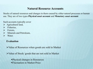 Natural Resource Accounts
Stocks of natural resources and changes in them caused by either natural processes or human
use. They are of two types Physical asset account and Monetary asset account

Such accounts typically cover
 Agricultural land,
 Fisheries,
 Forests,
 Minerals and Petroleum,
 Water.

   Evaluation

   Value of Resources when goods are sold in Market

   Value of Stock/ goods that are not sold in Market

        Physical changes in Resources
        Fluctuation in Market Price
 