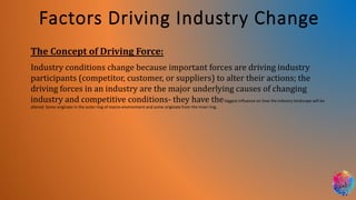 Factors Driving Industry Change
The Concept of Driving Force:
Industry conditions change because important forces are driving industry
participants (competitor, customer, or suppliers) to alter their actions; the
driving forces in an industry are the major underlying causes of changing
industry and competitive conditions- they have thebiggest influence on how the industry landscape will be
altered. Some originate in the outer ring of macro-environment and some originate from the inner ring.
 