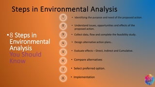 Steps in Environmental Analysis
• Identifying the purpose and need of the proposed action.
• Understand issues, opportunities and effects of the
proposed action.
• Collect data, flow and complete the feasibility study.
• Design alternative action plans..
• Evaluate effects – Direct, Indirect and Cumulative.
•8 Steps in
Environmental
Analysis
• Compare alternatives
• Select preferred option.
• Implementation
1
2
3
4
5
6
7
8
 
