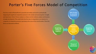 Porter’s Five Forces Model of Competition
Intensity of
rivalry
among
established
firms
Risk of entry
by potential
competitors
Bargaining
power of
buyers
Threat of
substitutes
Bargaining
power of
suppliers
Five force model of MichealPortel is powerful and widely used tool for systematically
diagnosing the significant competitive pressure in the market and assessing their strength
and importance. Porter 5 forces analysis is a frame work for industry analysis and business
strength development. This model holds that the state of competition in an industry is a
composite of competitive pressures operating in five areas of the overall market. These five
forces are discussed as follows:
 