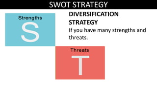 SWOT STRATEGY
DIVERSIFICATION
STRATEGY
If you have many strengths and
threats.
 
